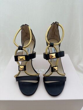 Jimmy Choo Black and Gold Loop-Strap High-Heel Sandals